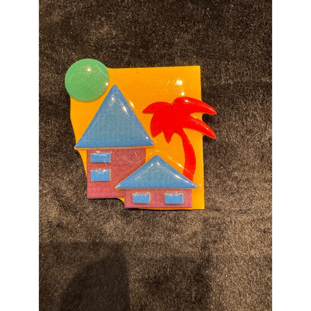 Vintage House Pin by Lucinda Tropical Beach Palm Tree Resin Brooch Hand Made